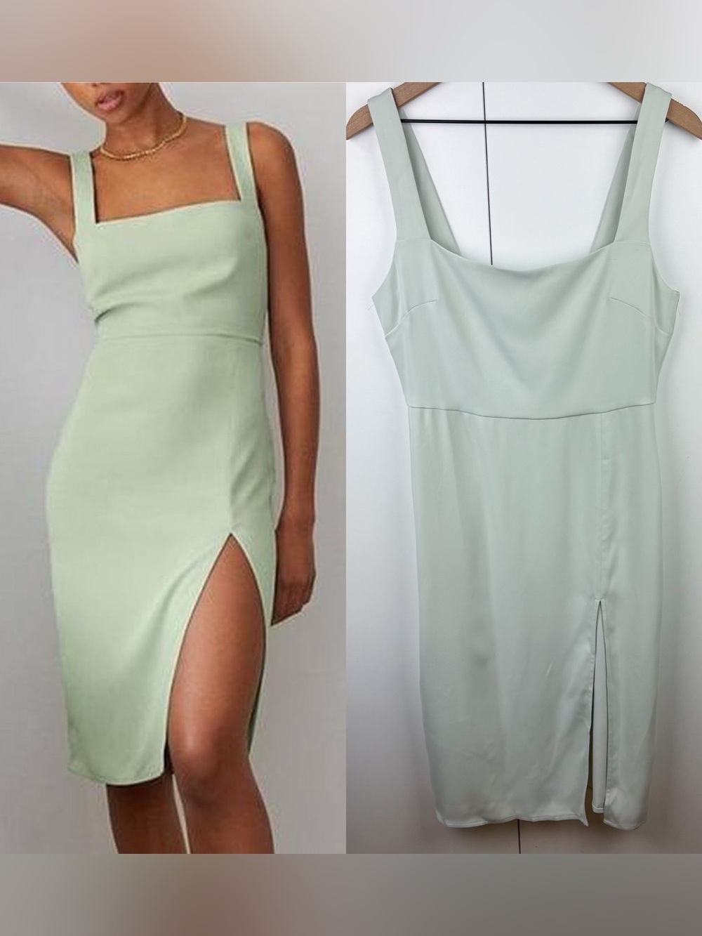 Aritzia Babaton 90s Slit Satin Midi Dress Sage Mint Green Squareneck Size 6